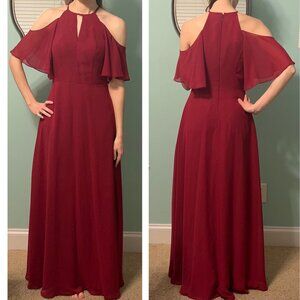 JJs House Red Off Shoulder High Neck Bridesmaid Dress